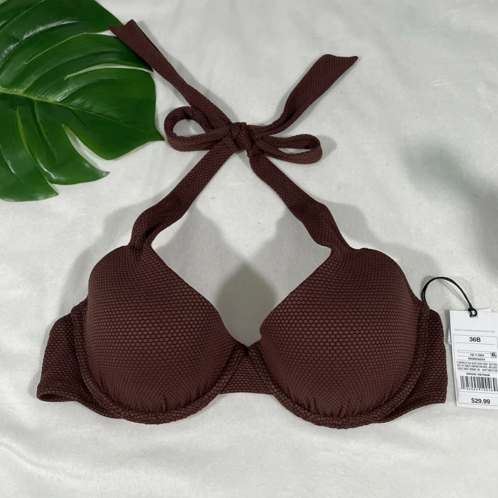 NWT Shade & Shore [ 36B ]‎ Lift Pique Textured Halter Bikini Top Brown